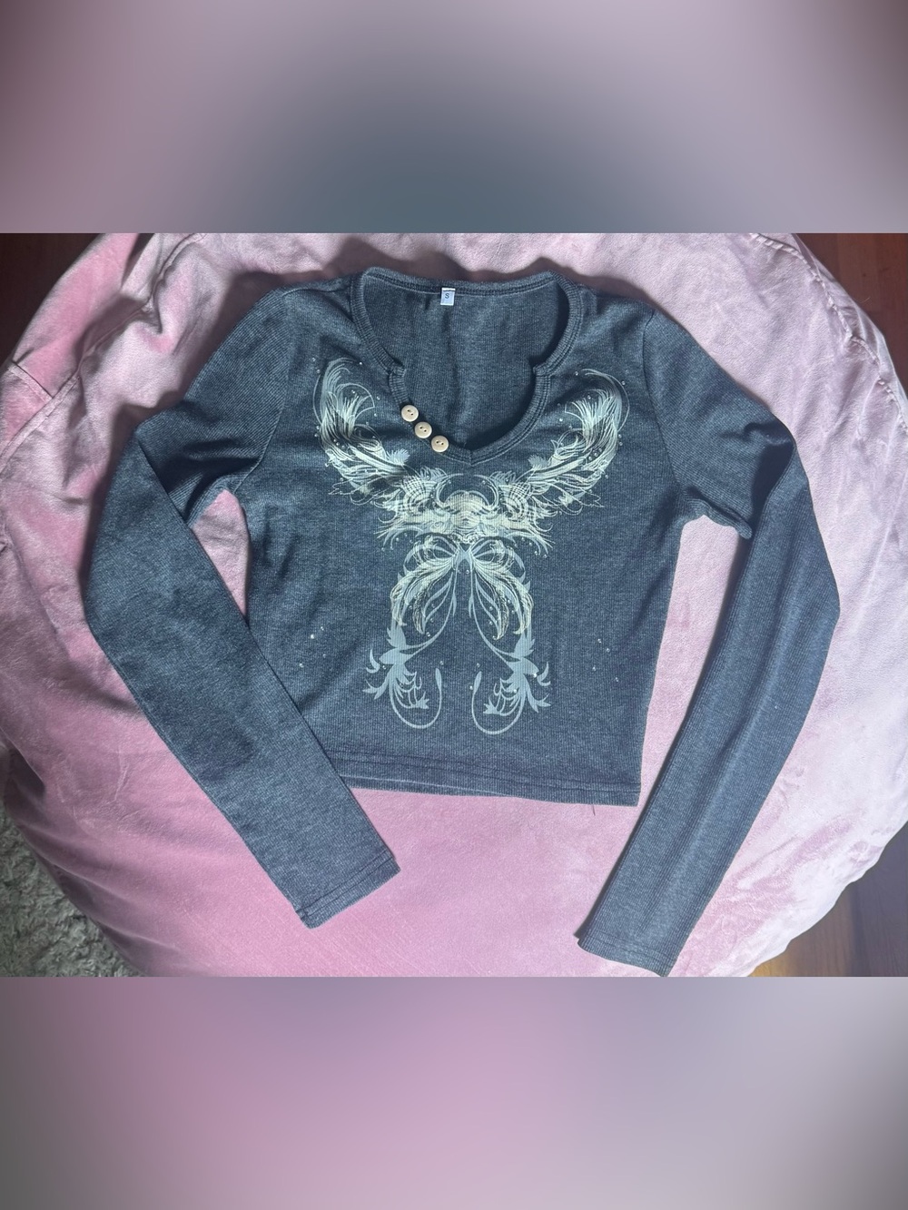 Grey Long Sleeve Scoop Neck Top with Feather Graphic